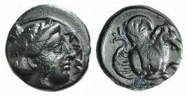 Mysia, Lampsakos, c. 4th-3rd century BC. Æ (9mm, 1.10g, 3h). Female head r. R/ Forepart of Pegasos r. SNG BnF 1223-6; SNG Copenhagen 206-7. Green pati...