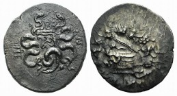 Mysia, Pergamon, c. 166-67 BC. AR Cistophoric Tetradrachm (28mm, 12.67g, 12h), c. 95-92 BC. Cista mystica with serpent; all within ivy wreath. R/ Bow ...
