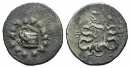 Mysia, Pergamon, c. 166-67 BC. AR Cistophoric Tetradrachm (26mm, 12.63g, 11h), c. 104-98 BC. Cista mystica within ivy wreath. R/ Two serpents entwined...