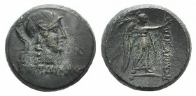 Mysia, Pergamon, c. 133-27 BC. Æ (19mm, 9.30g, 12h). Helmeted head of Athena r. R/ Nike standing r., holding wreath and palm. SNG BnF 1785ff. Brown pa...