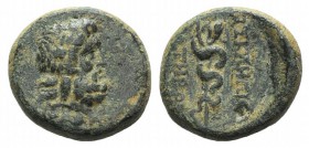 Mysia, Pergamon, c. 133-27 BC. Æ (14mm, 3.48g, 12h). Laureate head of Asklepios r. R/ Serpent-entwined staff of Asklepios. SNG BnF 1828-48. Green pati...