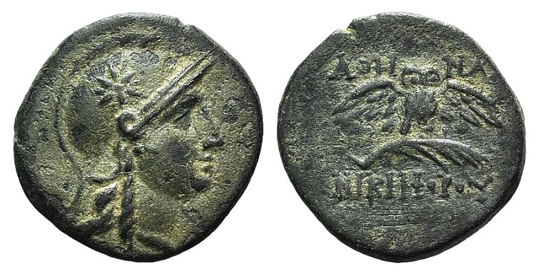 Mysia, Pergamon, c. 133-27 BC. Æ (17mm, 4.01g, 1h). Head of Athena r. wearing cr...