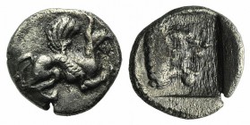 Troas, Assos, 5th century BC. AR Obol (8mm, 0.63g, 1h). Griffin r. R/ Lion’s head r. within incuse square. Weber 5318; BMC 3. VF
