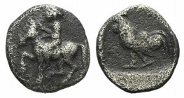 Troas, Dardanos, late 5th century BC. AR Obol (8mm, 0.54g, 7h). Horseman riding l. R/ Cock standing l. within incuse square. SNG Ashmolean 1120; SNG C...