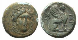 Troas, Gergis, 4th century BC. Æ (19mm, 7.35g, 6h). Laureate head of the sibyl Herophile facing slightly r., wearing necklace. R/ Sphinx seated r. on ...