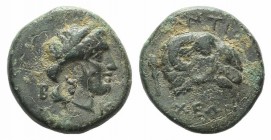 Troas, Kebren (as Antiocheia), c. 281-261 BC. Æ (15mm, 4.37g, 3h). Laureate head of Apollo r.; B-K across field; c/m: boukranion. R/ Head of ram r.; b...
