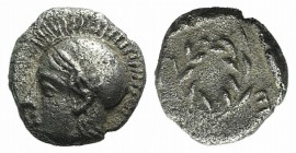 Aeolis, Elaia, c. 450-400 BC. AR Diobol (9mm, 1.26g, 12h). Helmeted head of Athena l. R/ Laurel wreath within incuse square. SNG Copenhagen 166. Porou...