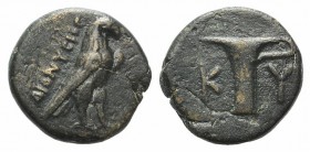 Aeolis, Kyme, c. 350-250 BC. Æ (15mm, 3.54g, 12h). Dionysios, magistrate. Eagle standing r. R/ One-handled vase. Cf. SNG Copenhagen 41ff. (magistrate)...