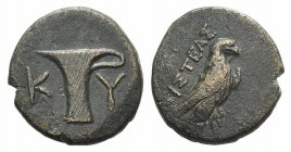 Aeolis, Kyme, c. 350-250 BC. Æ (17mm, 4.08g, 12h). Aristeas, magistrate. Eagle standing r. R/ One-handled vase. Cf. SNG Copenhagen 46ff. (magistrate)....
