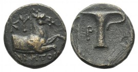 Aeolis, Kyme, c. 300-250 BC. Æ (14.5mm, 3.22g, 12h). Ainetos, magistrate. orepart of a horse r. R/ One-handles vase; P tol. SNG Copenhagen 69-70 var. ...