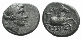 Aeolis, Kyme, c. 250 BC. Æ (13mm, 2.67g, 12h). Lesbios, magistrate. Head of Kyme r. R/ Forepart of horse galloping r., vase behind. BMC 57. VF - Good ...