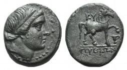 Aeolis, Kyme, c. 250-200 BC. Æ (18mm, 5.90g, 12h). Pythion, magistrate. Head of Amazon Kyme r., wearing tainia. R/ Horse advancing r.; oinochoe below ...