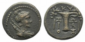 Aeolis, Kyme, c. 165-early 1st century BC. Æ (15mm, 4.18g, 12h). Zoilos, magistrate. Draped bust of Artemis r., quiver and bow over shoulder. R/ One-h...