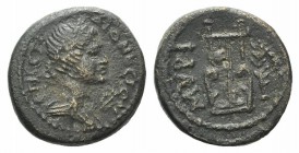 Aeolis, Myrina, 2nd century AD. Æ (16mm, 3.54g, 6h). Dionysios, magistrate. Laureate and draped bust of Apollo r.; palm branch before. R/ Lyre; palm b...