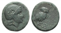 Aeolis, Neonteichos, c. 2nd century BC. Æ (15mm, 3.83g, 6h). Head of Athena r., wearing crested Attic helmet decorated with griffin. R/ Owl standing r...
