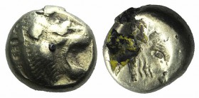 Lesbos, Mytilene, c. 521-478 BC. EL Hekte (9mm, 2.21g, 12h). Head of roaring lion r. R/ Incuse head of calf r., within rectangular punch. Bodenstedt 1...