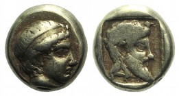 Lesbos, Mytilene, c. 454-428/7 BC. EL Hekte – Sixth Stater (9mm, 2.57g, 12h). Young male head r., wearing tainia. R/ Wreathed male head r., wearing lo...