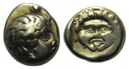 Lesbos, Mytilene. c. 454-428/7 BC. EL Hekte (10mm, 2.53g, 3h). Head of Aktaeon r., with stag's horn. R/ Gorgoneion within linear square. Bodenstedt Em...
