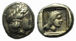 Lesbos, Mytilene, c. 412-378 BC. EL Hekte – Sixth Stater (9mm, 2.55g, 6h). Laureate head of Apollo r. R/ Head of female r. in linear square within inc...