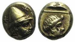 Lesbos, Mytilene, c. 377-326 BC. EL Hekte – Sixth Stater (9mm, 2.55g, 12h). Head of Kabeiros r., wearing pileos; two stars flanking. R/ Head of Persep...
