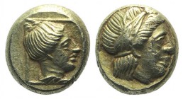 Lesbos, Mytilene, c. 377-326 BC. EL Hekte – Sixth Stater (9mm, 2.57g, 12h). Laureate head of Apollo r. R/ Head of Artemis r., hair in sphendone; serpe...