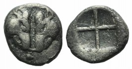 Lesbos, Unattributed early mint, c. 500-450 BC. BI 1/24 Stater (7mm, 0.46g). Confronted boars’ heads; pellet below. R/ Four-part incuse square. Cf. HG...