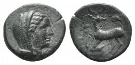 Ionia, Ephesos (as Arsinoeia), c. 290-281 BC. Æ (19mm, 3.78g, 12h). Uncertain magistrate. Veiled bust of Arsinoe II r. R/ Stag kneeling l., head rever...