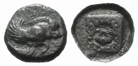 Ionia, Klazomenai, c. 480-400 BC. AR Diobol (9mm, 1.14g, 6h). Forepart of winged boar r. R/ Gorgoneion within incuse square. SNG Copenhagen 12. Rare, ...