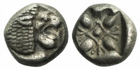 Ionia, Miletos, late 6th-early 5th century BC. AR Diobol (7mm, 1.08g). Forepart of a lion l., head r. R/ Stellate design within square incuse. SNG Kay...