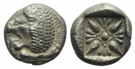 Ionia, Miletos, late 6th-early 5th century BC. AR Diobol (8mm, 1.14g). Forepart of a lion r., head l. R/ Stellate design within square incuse. SNG Kay...
