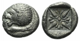 Ionia, Miletos, late 6th-early 5th century BC. AR Diobol (9mm, 1.02g). Forepart of a lion r., head l. R/ Stellate design within square incuse. SNG Kay...