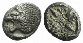 Ionia, Miletos, late 6th-early 5th century BC. AR Diobol (8mm, 1.07g). Forepart of a lion r., head l. R/ Stellate design within square incuse. SNG Kay...