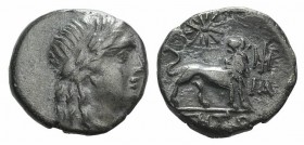 Ionia, Miletos, c. 190/80-120 BC. AR Hemidrachm (13mm, 2.32g, 12h). Uncertain magistrate. Laureate head of Apollo r. R/ Lion standing r., head l.; sta...