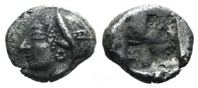 Ionia, Phokaia, c. 521-478 BC. AR Diobol (9mm, 1.26g). Archaic female head l. R/ Quadripartite incuse square. Klein 452-3. Porous, VF