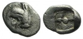 Ionia, Phokaia, c. 521-478 BC. AR Tetartemorion (5mm, 0.26g). Griffin’s head l. R/ Rough square incuse punch. Cf. Klein 449. VF