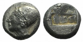 Ionia, Phokaia, c. 510-494 BC. AR Diobol (7mm, 1.17g). Helmeted female head l., hair in sakkos. R/ Four-part incuse square. SNG Copenhagen 389-94 (Unc...