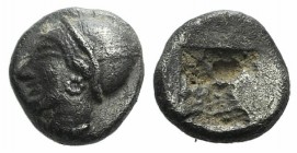 Ionia, Phokaia, c. 510-494 BC. AR Diobol (8mm, 1.26g). Helmeted female head l., hair in sakkos. R/ Four-part incuse square. SNG Copenhagen 389-94 (Unc...