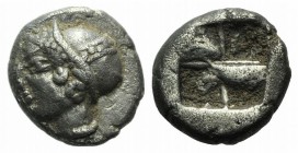 Ionia, Phokaia, c. 510-494 BC. AR Diobol (8mm, 1.33g). Helmeted female head l., hair in sakkos. R/ Four-part incuse square. SNG Copenhagen 389-94 (Unc...