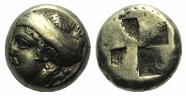 Ionia, Phokaia, c. 478-387 BC. EL Hekte – Sixth Stater (9mm, 2.55g). Female head l., hair bound in sakkos; seal to r. R/ Quadripartite incuse square. ...