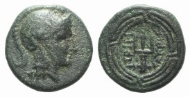 Ionia, Priene, c. 290-270 BC. Æ (14mm, 2.81g, 12h). Tauris(kos), magistrate. Helmeted head of Athena r. R/ Trident within maeander pattern. BMC 40. Ra...