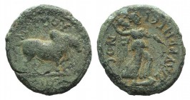 Ionia, Smyrna. Pseudo-autonomous issue. Time of Domitian (81-96). Æ (15mm, 2.63g, 9h). Humped bull standing r. R/ Nike advancing r., carrying trophy o...