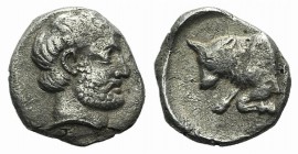 Caria, Uncertain, c. 400 BC. AR Diobol (10mm, 1.18g, 9h). Bearded male head r. R/ Forepart of bull l. within incuse square. Konuk, Coin M48; Winzer 13...
