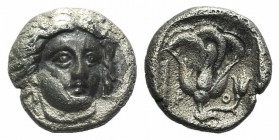 Islands of Caria, Rhodes, c. 340-316 BC. AR Hemidrachm (10mm, 1.52g, 12h). Head of Helios facing slightly r. R/ Rose with bud to r.; club to l.; all w...