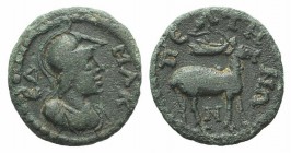 Phrygia, Peltai, c. 2nd-3rd century AD. Æ (14mm, 1.71g, 6h). Helmeted and cuirassed bust of Athena r. R/ Stag standing r. RPC IV online 2148 (temporar...