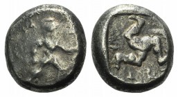 Pamphylia, Aspendos, c. 465-430 BC. AR Stater (18mm, 10.85g). Warrior, nude but for helmet, holding sword and shield, advancing r. R/ Triskeles within...