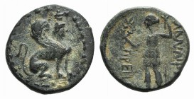 Pamphylia, Perge, c. 260-230 BC. Æ (13mm, 1.82g, 12h). Sphinx seated r., wearing kalathos. R/ Artemis standing l., holding wreath and sceptre. Colin S...