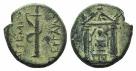 Pamphylia, Perge, c. 50-30 BC. Æ (16mm, 4.44g, 12h). Cult statue of Artemis Pergaia facing within distyle temple. R/ Bow and quiver. Colin series 7.2;...