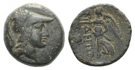 Pamphylia, Side, 2nd-1st centuries BC. Æ (16mm, 4.48g, 12h). Helmeted head of Athena r. R/ Nike standing l., holding wreath and palm; pomegranate to l...