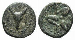 Pisidia, Adada, 1st century BC. Æ (12mm, 2.35g). Garlanded bucranium. R/ Triskeles. SNG BnF 1021. Green patina, Good VF