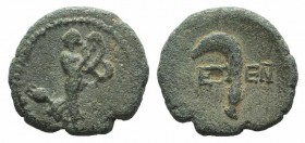 Pisidia, Etenna, 1st century BC. Æ (13mm, 2.03g, 12h). Nymph advancing r., head l., holding coiled serpent. R/ Sickle-shaped knife. SNG BnF 1534-6. Gr...